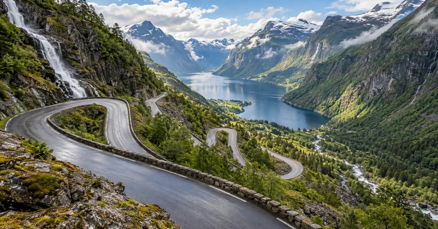 Geiranger-Trollstigen hairpin roads descending beside waterfalls toward a deep Norwegian fjord