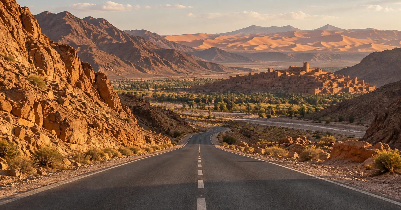 A paved road crossing Morocco's ochre Atlas landscape toward an oasis settlement and Sahara dunes