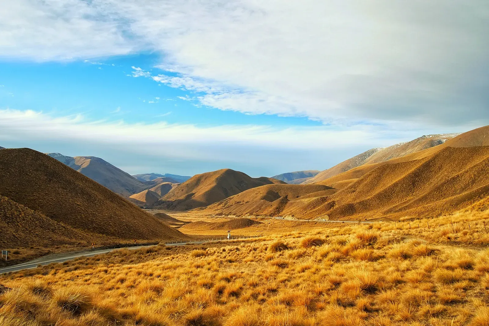 A South Island road running between golden grass and alpine ridges