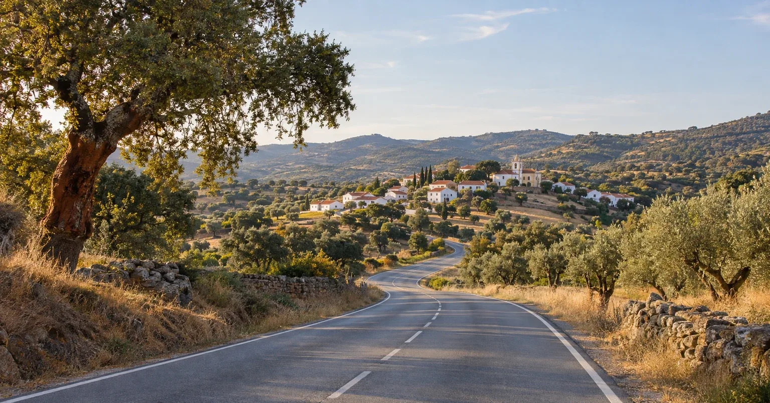 Portugal's N2 crossing a warm inland landscape of cork trees, olive groves and a whitewashed village