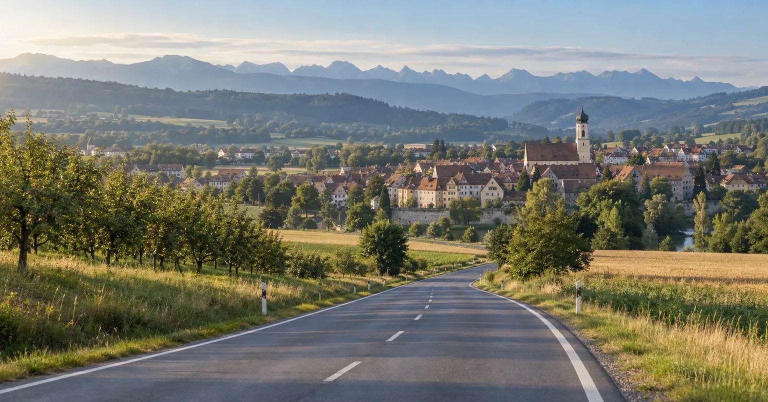 A quiet road approaching a medieval Bavarian town beneath Germany's Alpine foothills