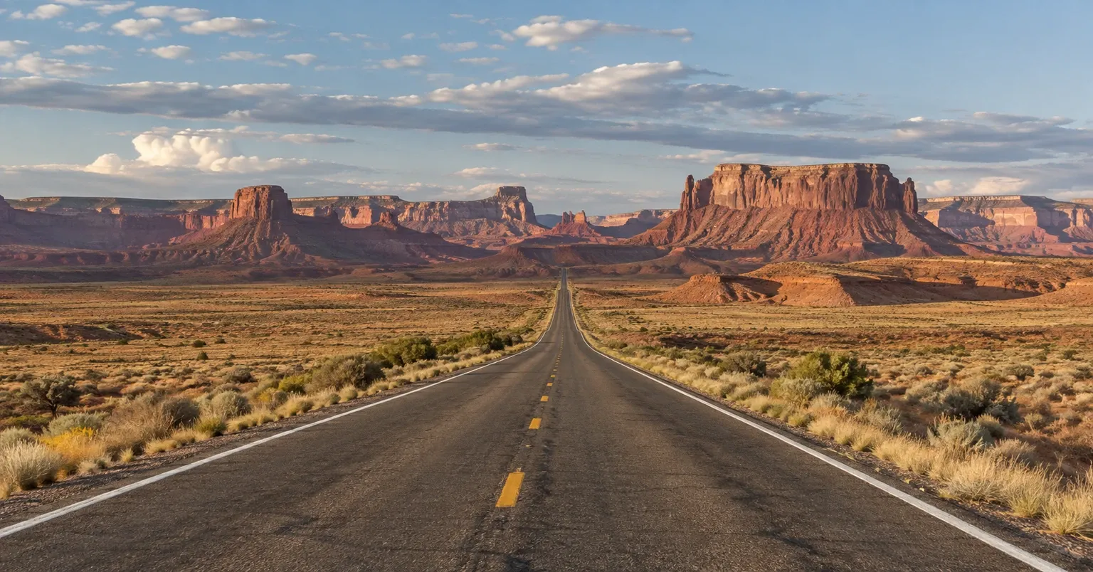 A two-lane highway crossing the open desert of the American Southwest